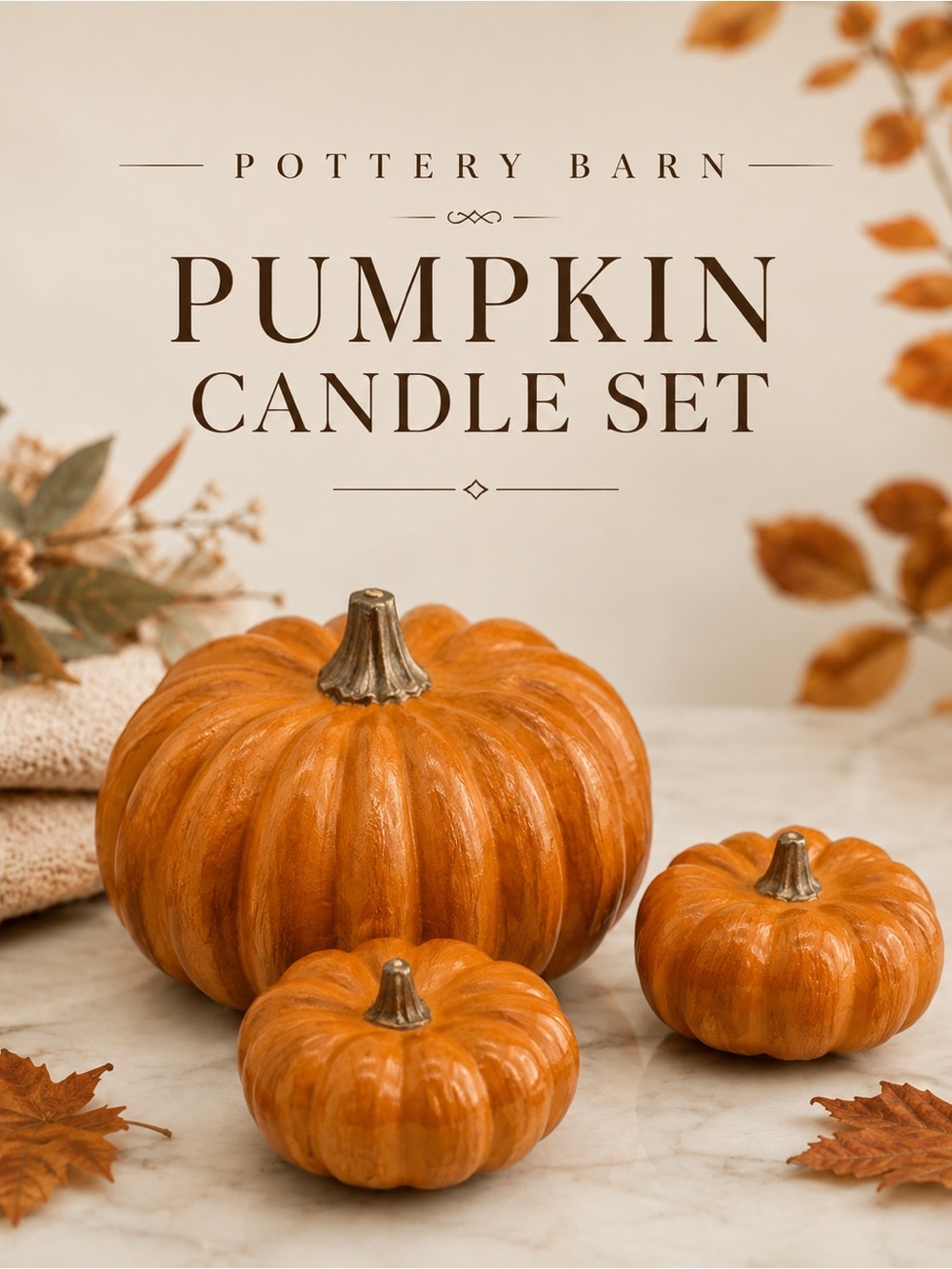 POTTERY BARN Orange Pumpkin Candle Set of 3 Fall Harvest Decor
